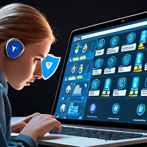 Home 11 "A person consciously navigating the internet, carefully reviewing privacy policies on their laptop, using a VPN, and adjusting privacy settings on social media, surrounded by protective digital shields and locks, emphasizing data sovereignty and control. The style is modern and empowering."